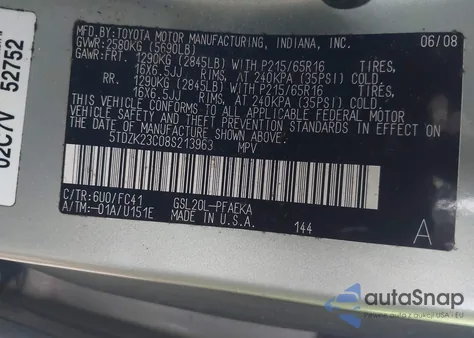 2008 Toyota Sienna Le z USA, uszkodzony, nr VIN 5TDZK23C08S213963